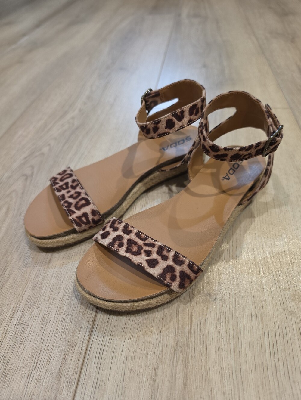 Soda Leopard Print Espadrille Sandals Women’s Ankle Strap Flats